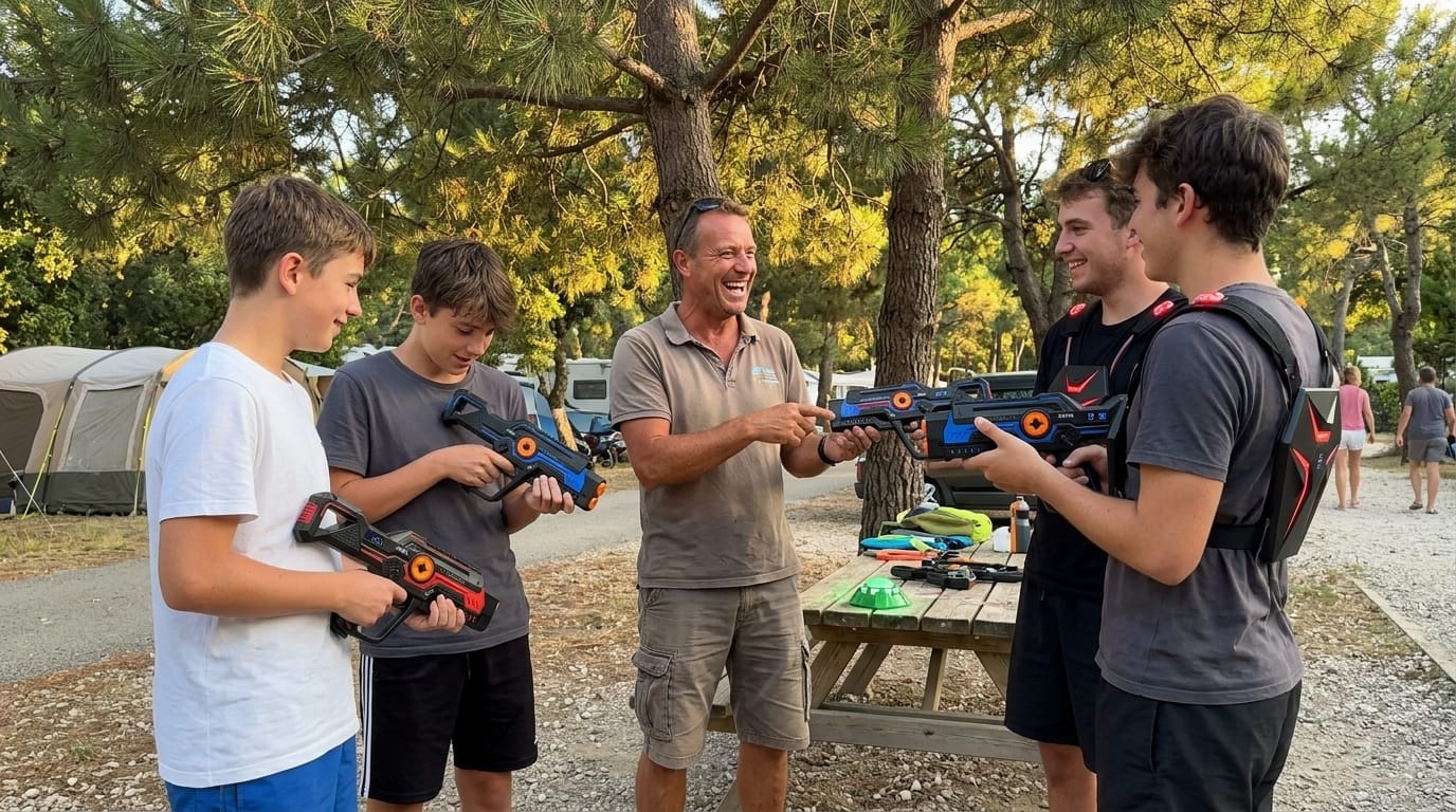 Salon Sett Laser Game : Lasermania s'impose auprès des campings et des pros en 2026 2 Animateur de camping et vacanciers testant le pistolet laser game anti-triche et gilet Lasermania en plein air