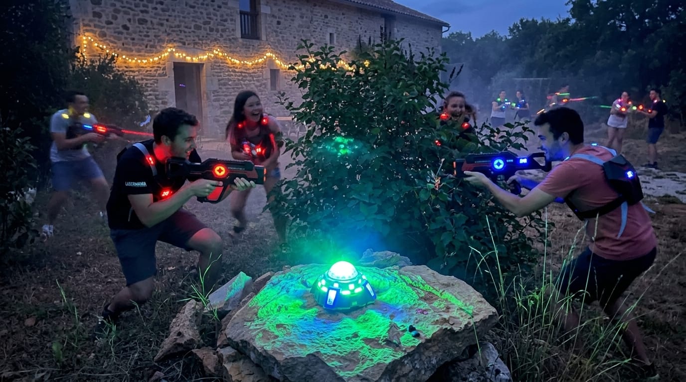 EVG en gîte : le guide pour une organisation originale et inoubliable 3 Session nocturne de laser game avec bases lumineuses pour un EVG en gîte