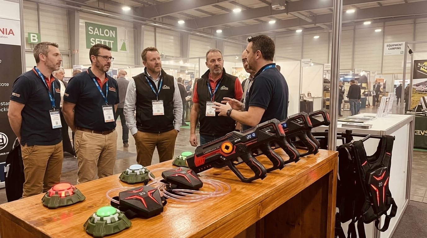 Salon Sett Laser Game : Lasermania s'impose auprès des campings et des pros en 2026 1 Stand Lasermania au salon sett laser game professionnel à Montpellier avec pistolets tactiques et bases lumineuses