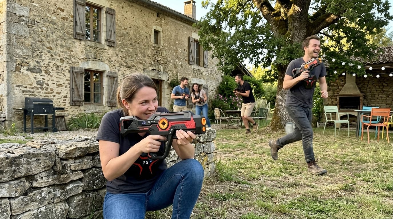 EVG en gîte : le guide pour une organisation originale et inoubliable 2 Partie de laser game pour un EVG en gîte entre amis dans le jardin