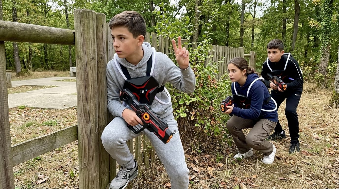 Groupe d'adolescents tactiques équipés de plastrons frontaux et pistolets laser game en extérieur