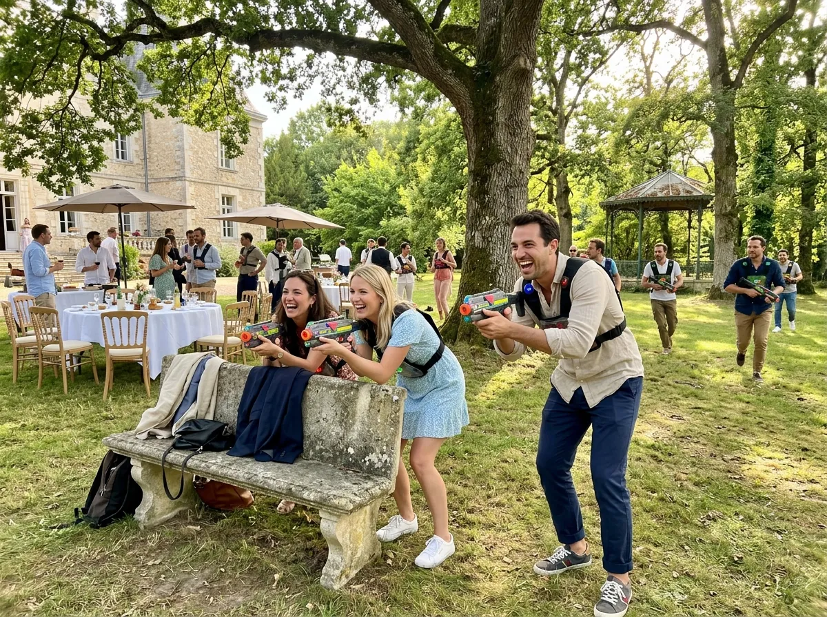 Invités d'un mariage jouant au laser game lors du brunch du lendemain dans le parc d'un domaine
