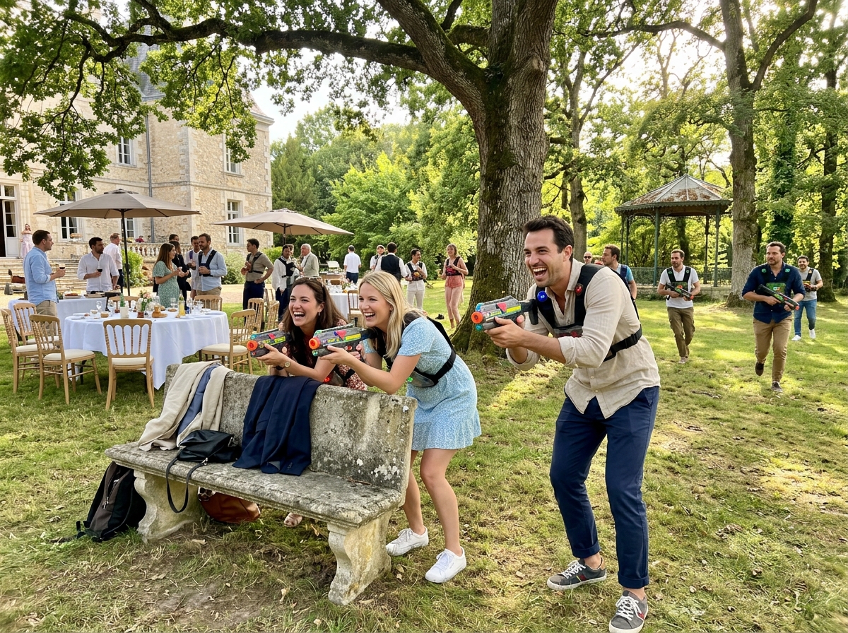 Invités d'un mariage jouant au laser game lors du brunch du lendemain dans le parc d'un domaine