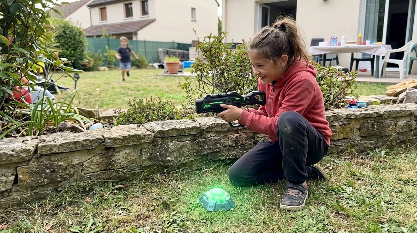 Organiser un anniversaire laser game à domicile : rétro-planning, gâteau et jeux pour 8 à 12 enfants 3 Jeune fille défendant une base lumineuse lors d'un anniversaire laser game à domicile
