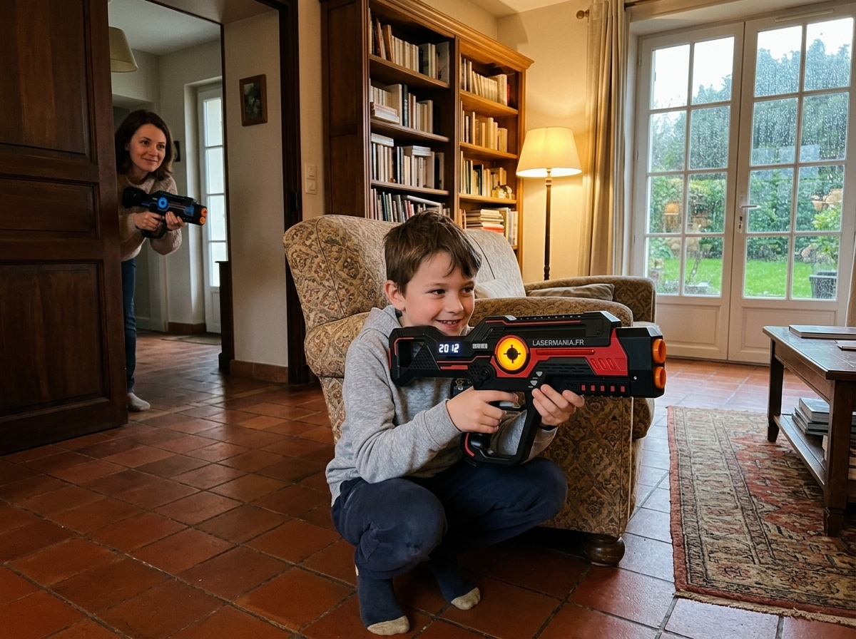 Location pistolets laser game à domicile | n°1 en France ! 11 Enfant et parent jouant au laser game dans le salon équipés des pistolets officiels Lasermania