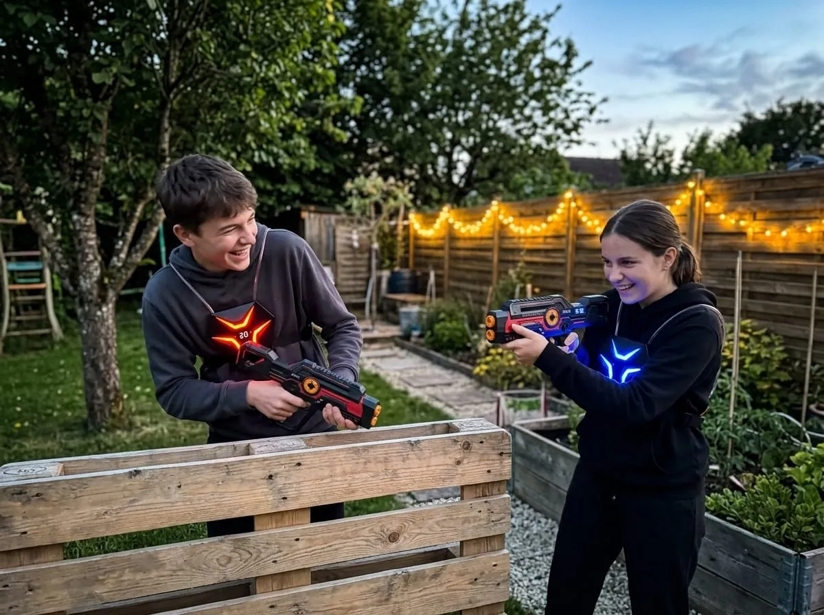 Adultes équipés de gilets immersifs jouant au laser game de nuit en EVG