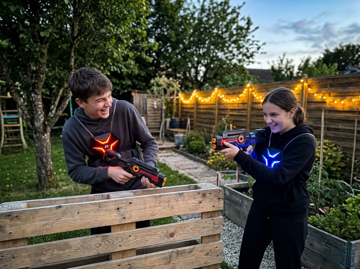 Location pistolets laser game à domicile | n°1 en France ! 12 Adolescents jouant au laser game de nuit dans un jardin équipés des gilets immersifs et pistolets Lasermania