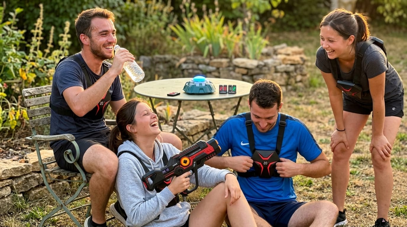 Combien de temps dure une partie de laser game ? Formats de 15 à 60 minutes et gestion du souffle 1 Amis se reposant et riant après une session rythmée de 20 minutes de laser game en extérieur