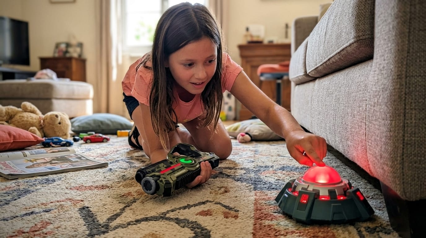 Laser espion et labyrinthe à domicile : transformer son couloir en mission secrète 3 Enfant désamorçant une base lumineuse électronique au sol lors d'un jeu laser espion