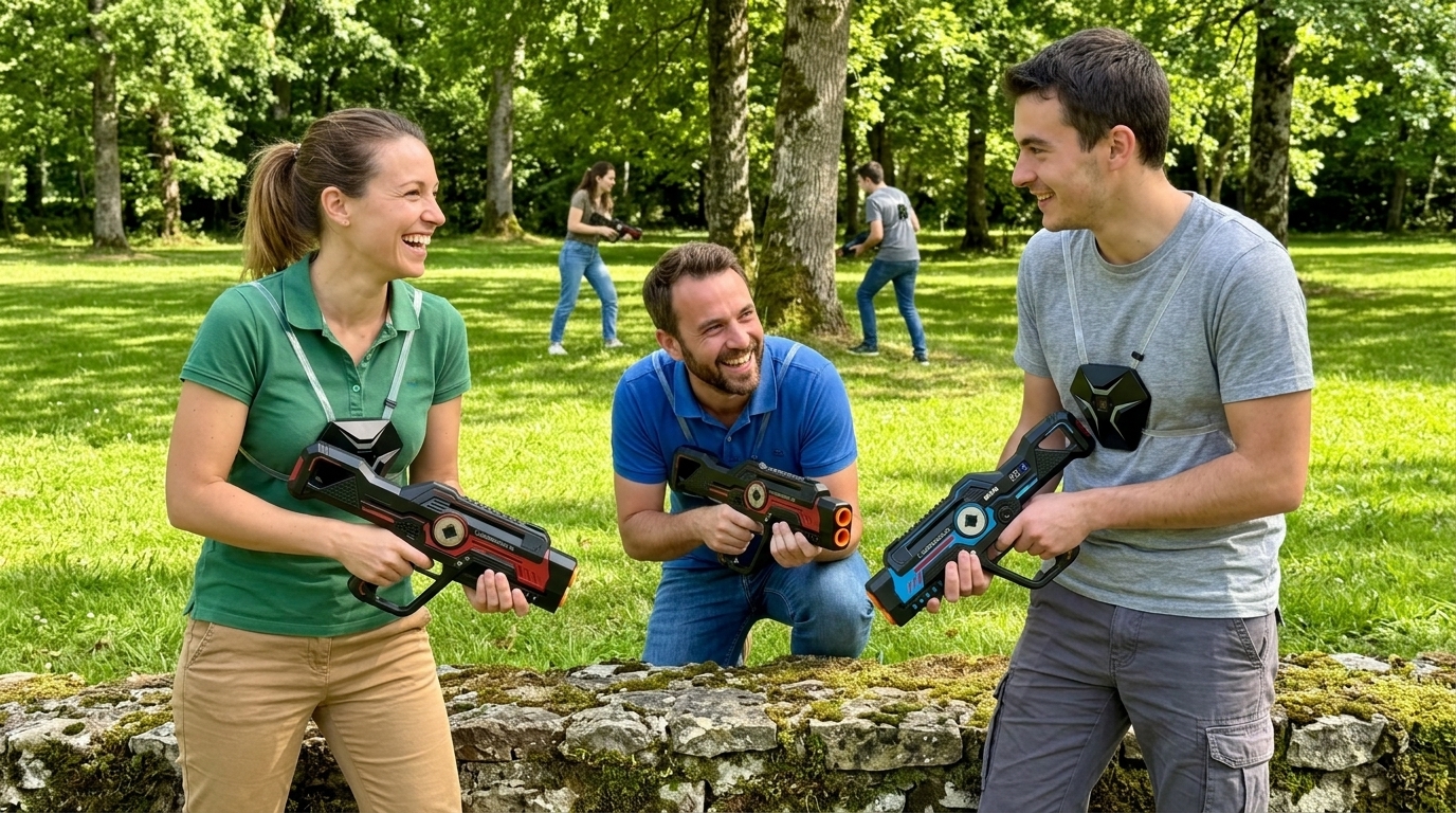 Participants souriants en pleine partie de laser game en plein air dans le parc d un domaine avec le materiel professionnel Lasermania