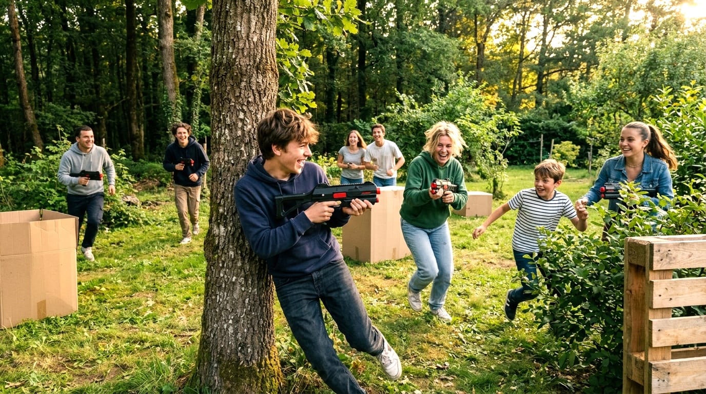 Location pistolets laser game à domicile | n°1 en France ! 1 Partie de laser game à domicile dans le jardin entre amis et adolescents