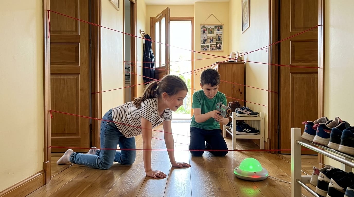 Laser espion et labyrinthe à domicile : transformer son couloir en mission secrète 1 Jeu laser espion à domicile : enfants franchissant un labyrinthe de fils dans un couloir