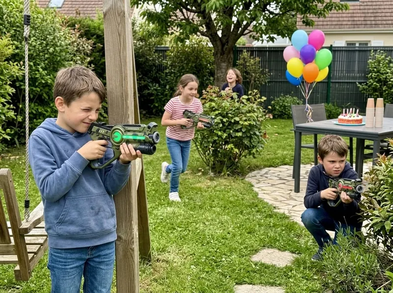 Enfants jouant dans le jardin lors d'un anniversaire laser game