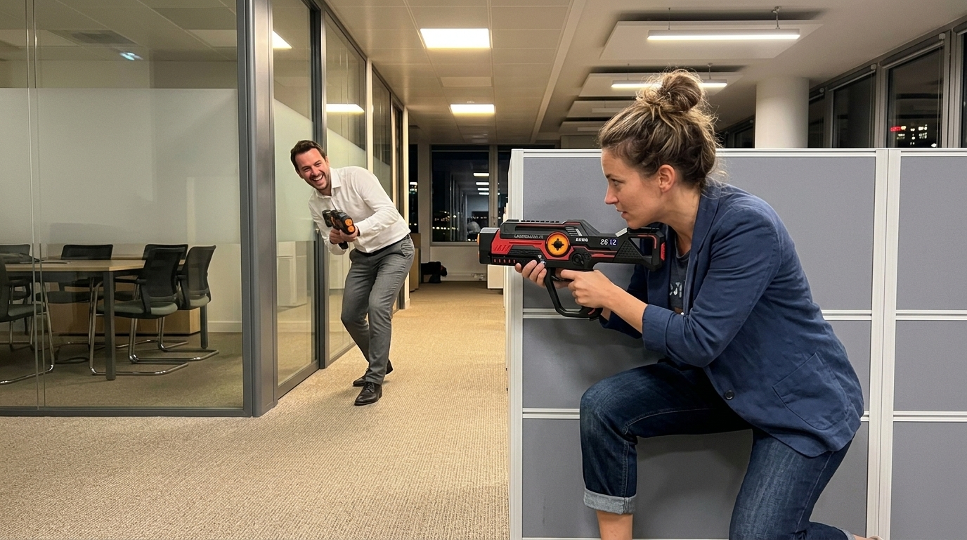 Salariée en embuscade derrière une cloison de bureau visant avec un pistolet laser game lors d'un afterwork
