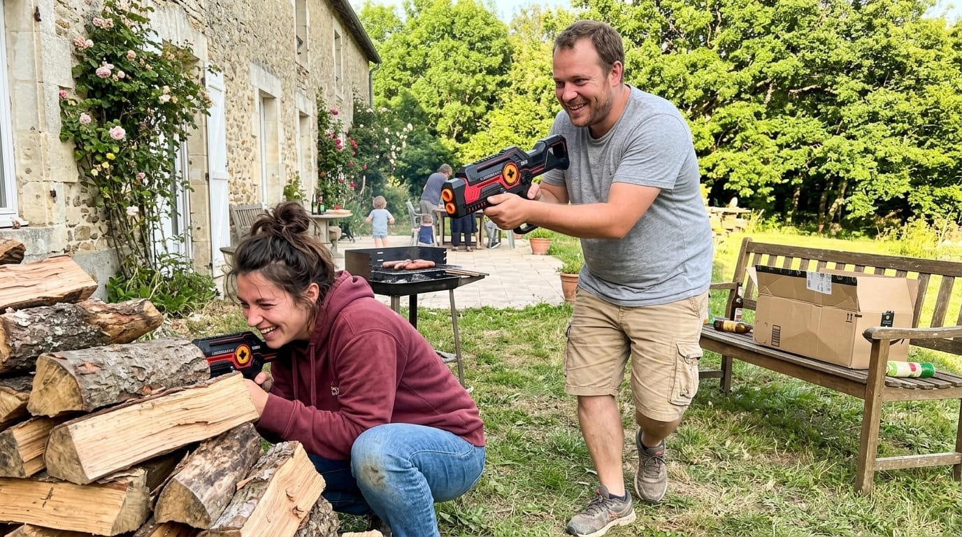 Cousins, cousines, tontons et taties jouant au laser game dans le jardin lors d'une cousinade en famille