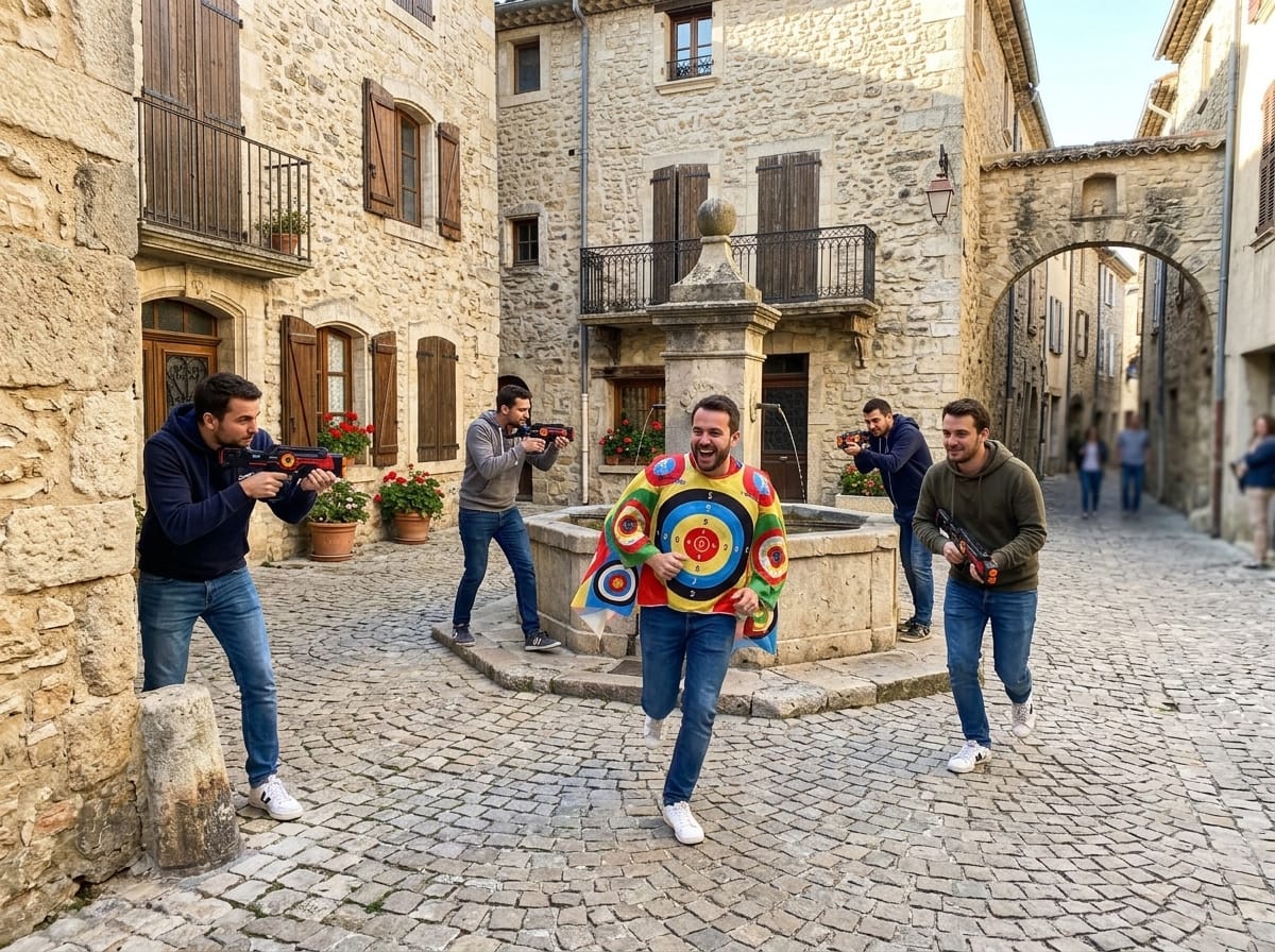 Enterrement de vie de garçon EVG laser game dans les rues et sur la place pavée d'un village