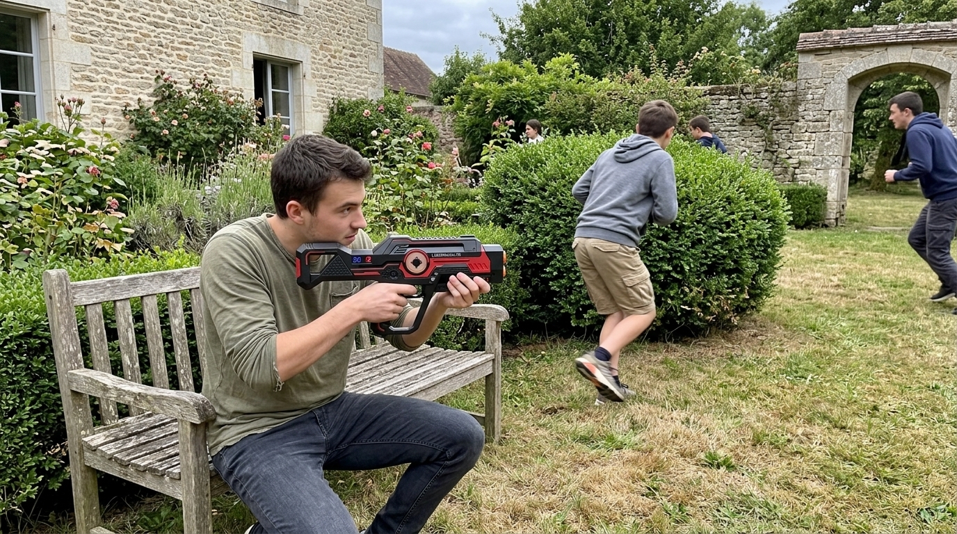 Laser game ou Paintball : le duel complet (douleur, météo, budget et logistique) 1 Laser game ou paintball : joueurs en vêtements normaux jouant dans un jardin sans impact de peinture ni douleur