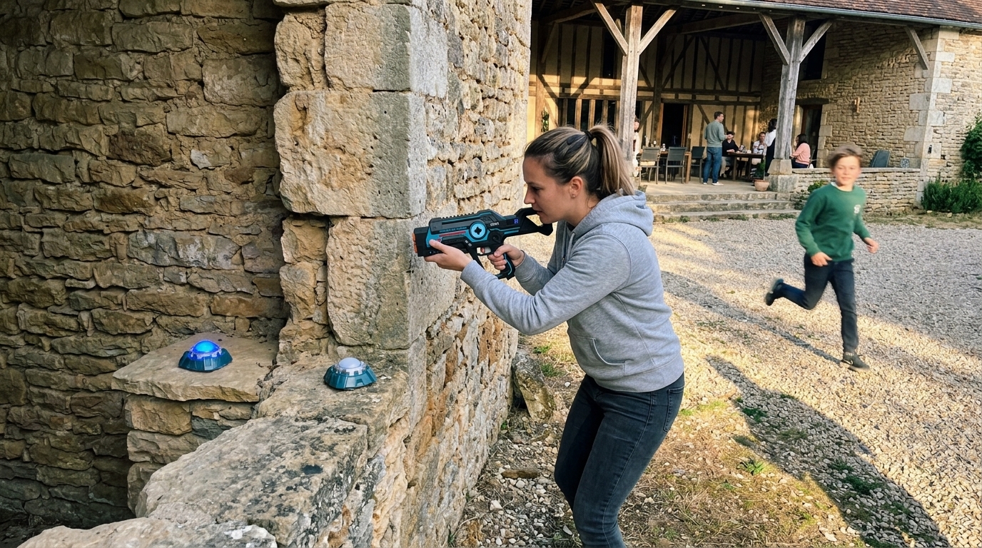 Laser game ou Paintball : le duel complet (douleur, météo, budget et logistique) 3 Duel de laser game en extérieur près d'un mur en pierre avec pistolet tactique et base lumineuse autonome