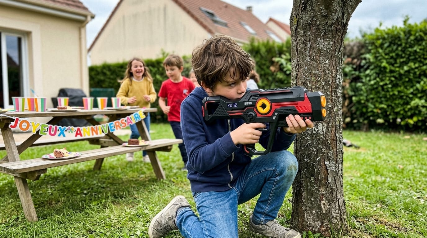 Organiser un anniversaire laser game à domicile : rétro-planning, gâteau et jeux pour 8 à 12 enfants 2 Enfants jouant dans le jardin pour organiser un anniversaire laser game à domicile