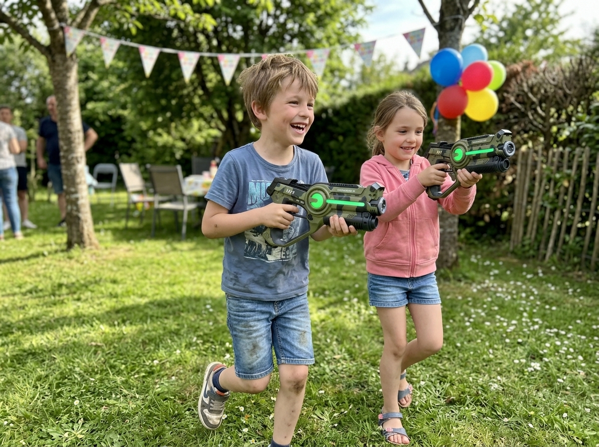 Location pistolets laser game à domicile | n°1 en France ! 13 Enfants jouant dans un jardin avec les pistolets laser game EasyFun Lasermania