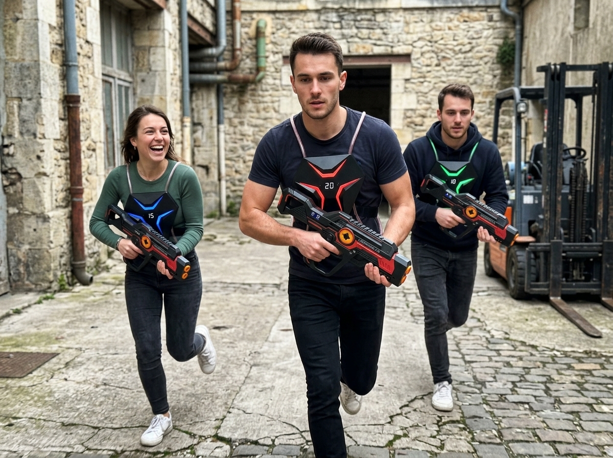 Location pistolets laser game à domicile | n°1 en France ! 15 Adultes en compétition laser game équipés des gilets récepteurs immersifs et pistolets Lasermania