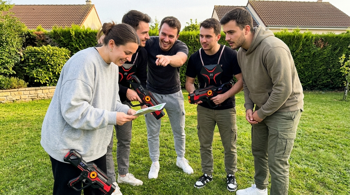 Partie de laser game en équipe : 5 tactiques de groupe imparables pour dominer le terrain 2 Briefing d'une escouade d'amis avant une partie de laser game en équipe dans un jardin