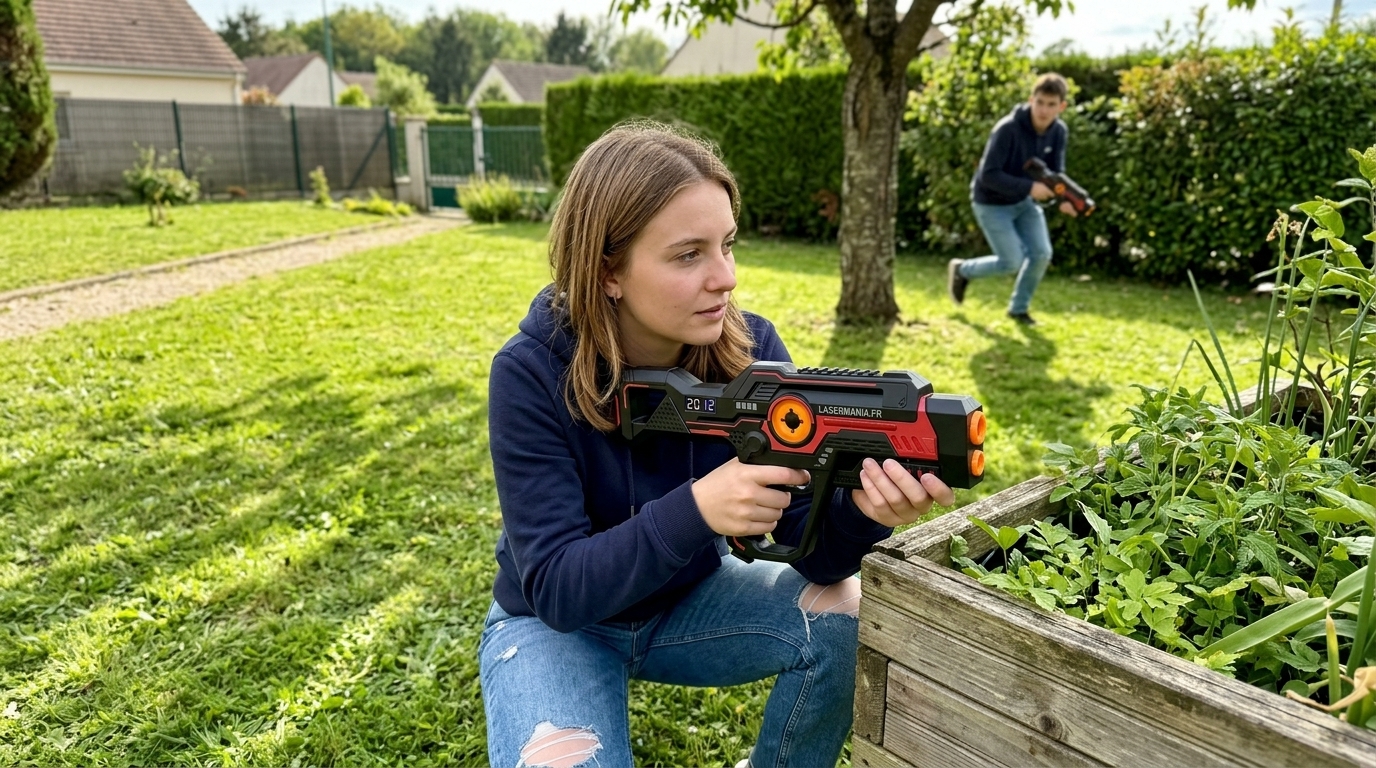 Partie de laser game en équipe : 5 tactiques de groupe imparables pour dominer le terrain 3 Joueurs coordonnant une embuscade tactique en équipe lors d'une partie de laser game en extérieur