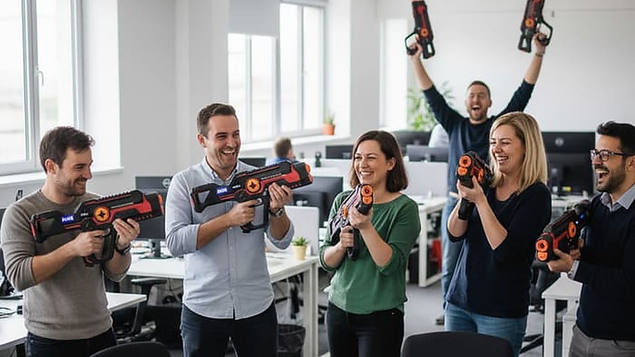 Location pistolets laser game à domicile | n°1 en France ! 78 Équipe de collaborateurs CSP+ de bureau posant avec les pistolets laser game Lasermania dans un open space pour un team building