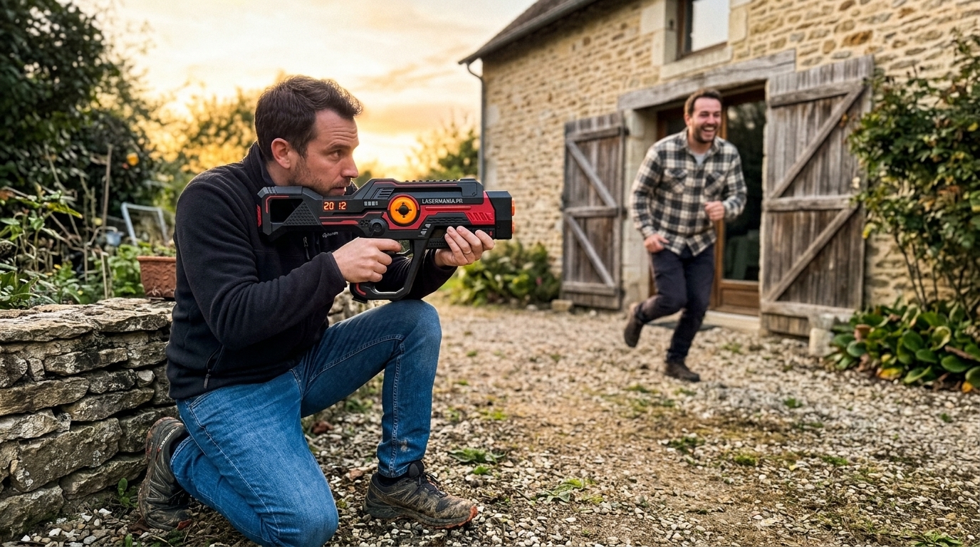 Joueur abrité derrière un muret visant avec un pistolet laser game professionnel en extérieur