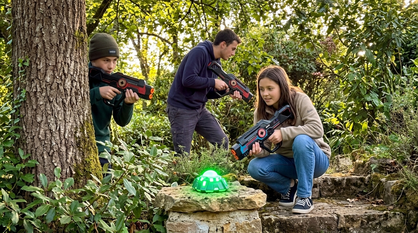 Joueurs en action autour d'une base lumineuse laser game en extérieur