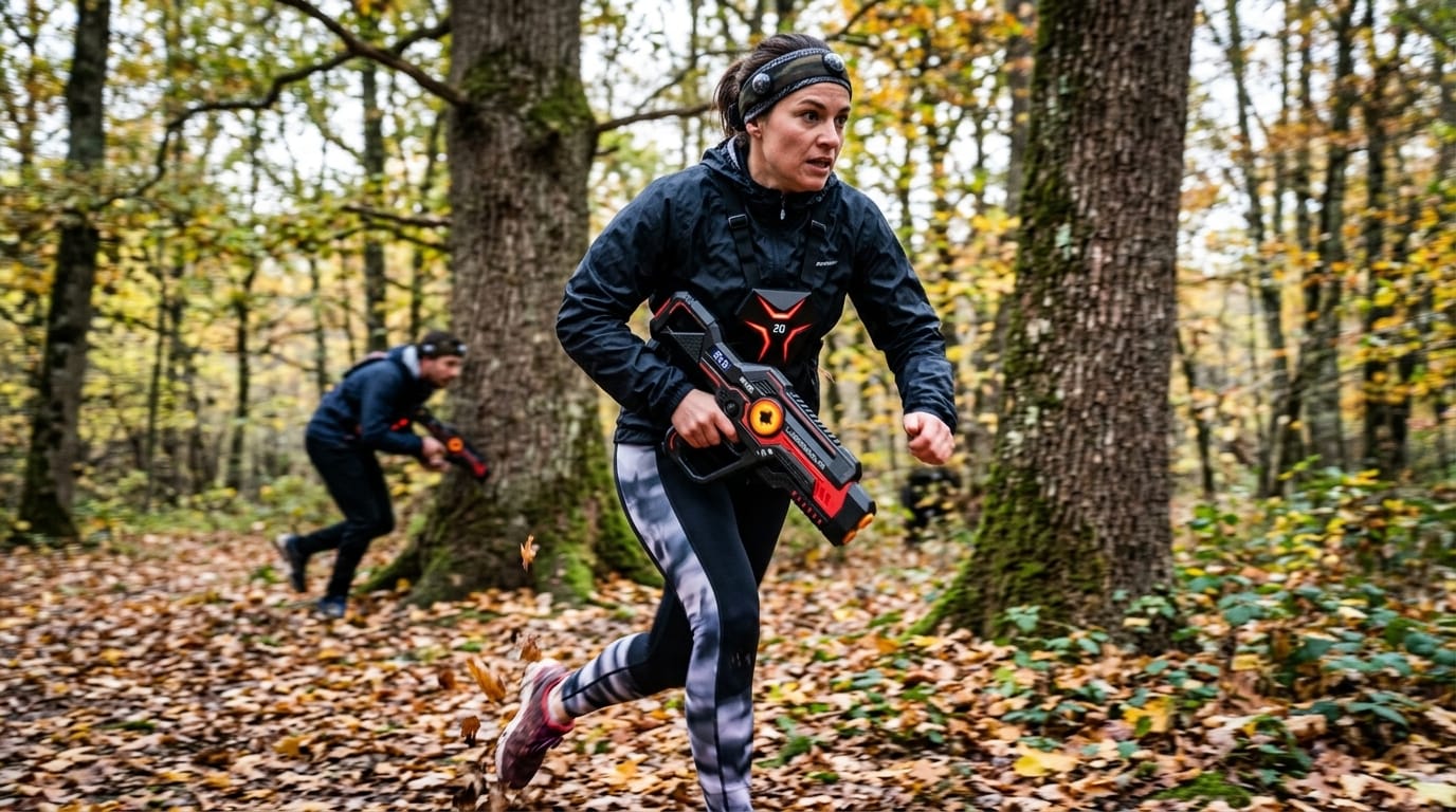 Combien de temps dure une partie de laser game ? Formats de 15 à 60 minutes et gestion du souffle 3 Joueuse en plein sprint tactique lors d'une manche intense de laser game en forêt